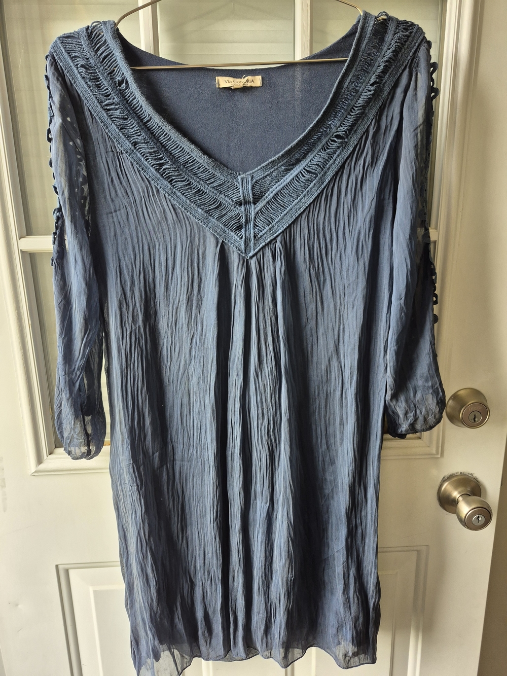 Via Signoria Italian Blue Silk V-Neck Tunic Top